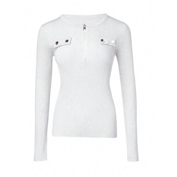 Knit Ribbed Half Zip Front Button Decor Slim Fit White T-Shirt - Picture 5 of 6
